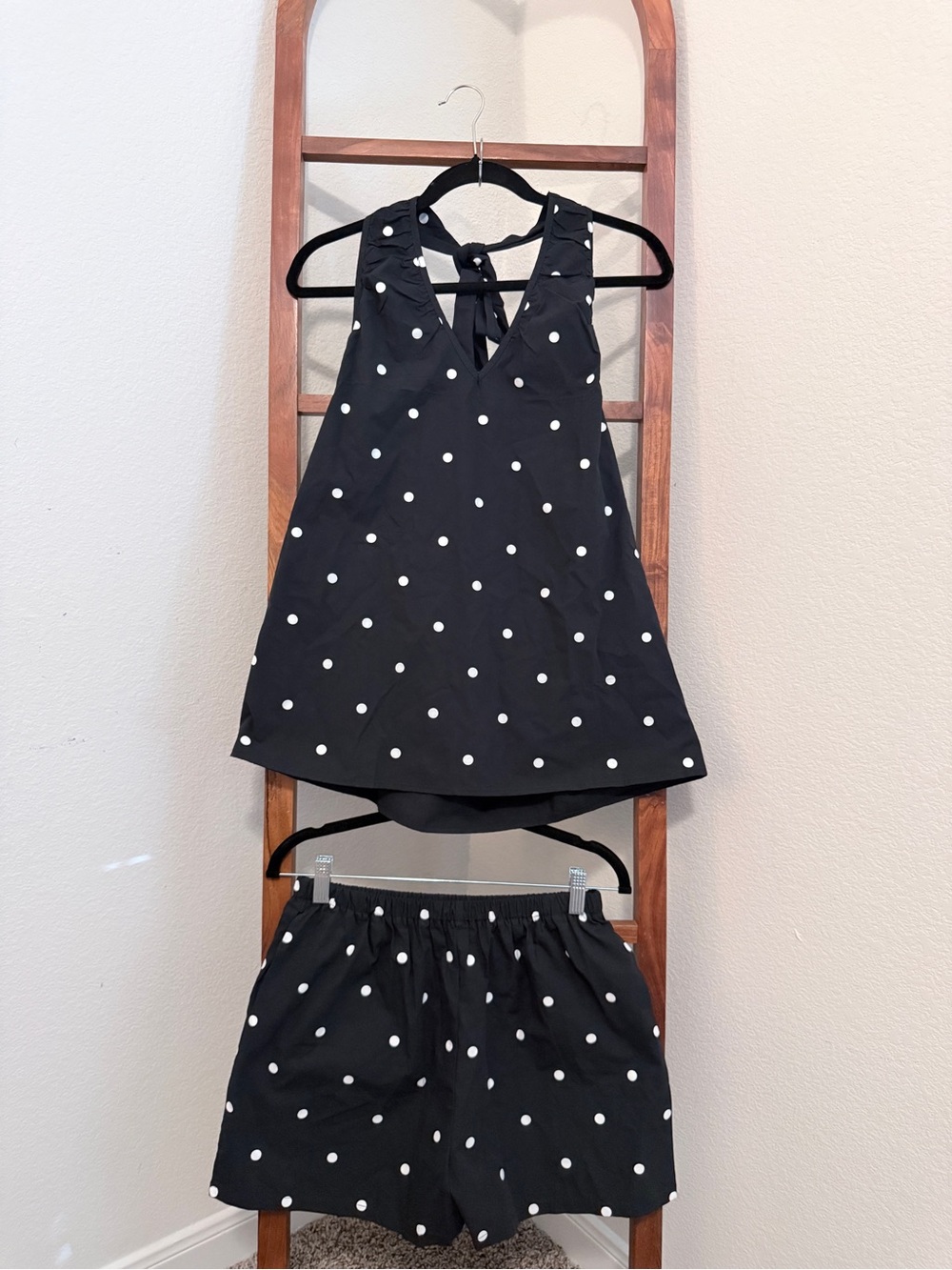 Women's Black Polka Dot Halter Tank Top and Shorts Set Size Medium